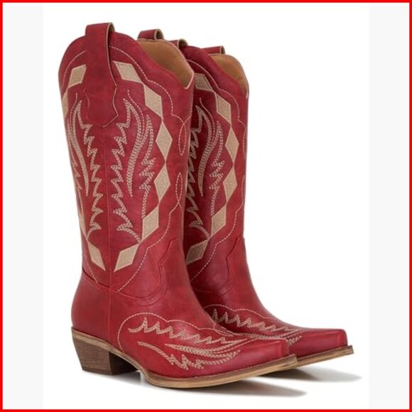 Women's Embroidered Cowgirl Boots with Snip Toe and Chunky Heel - Picture 5 of 7